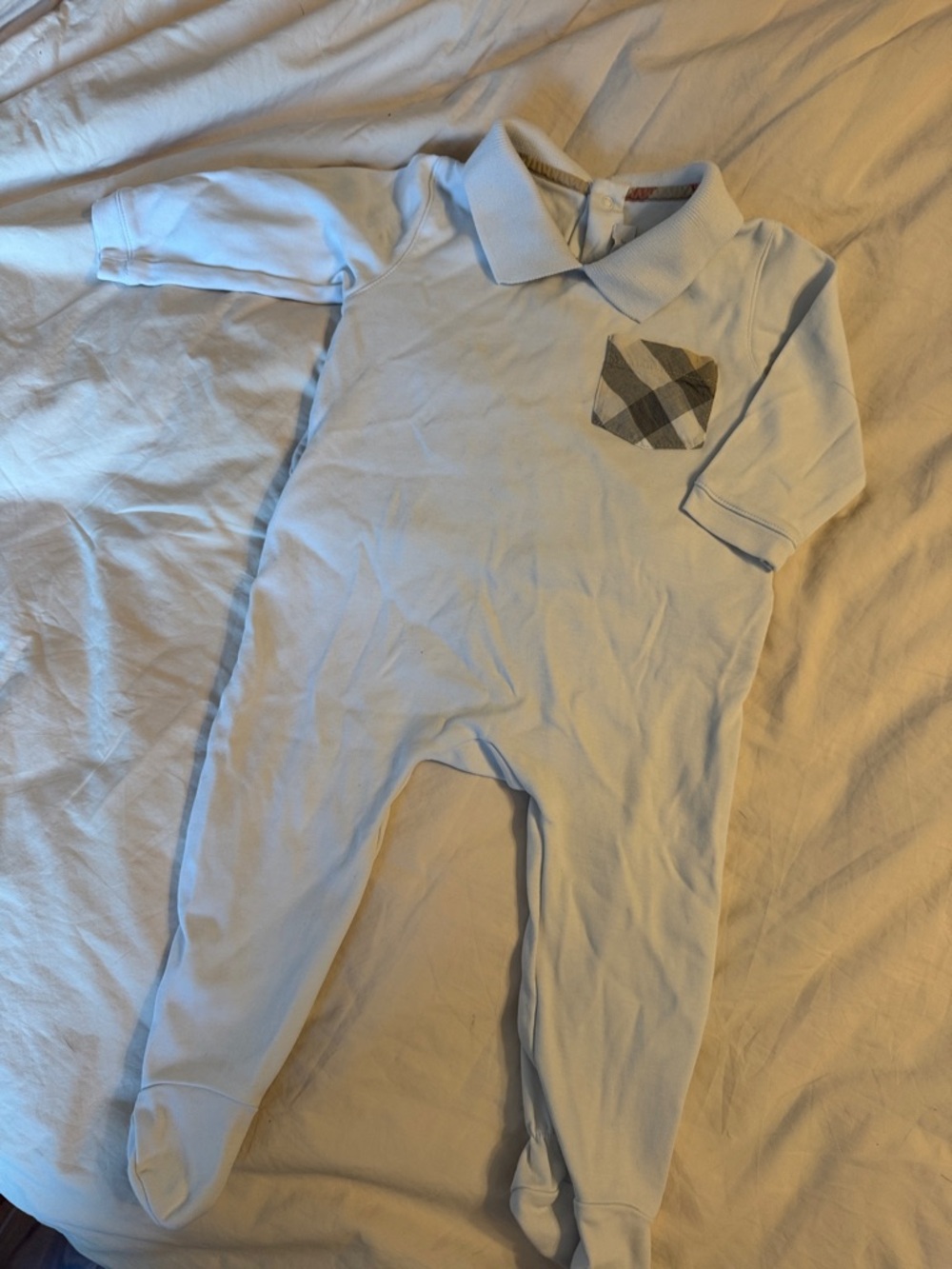 Burberry Light Blue Infant Footie with Plaid Pocket